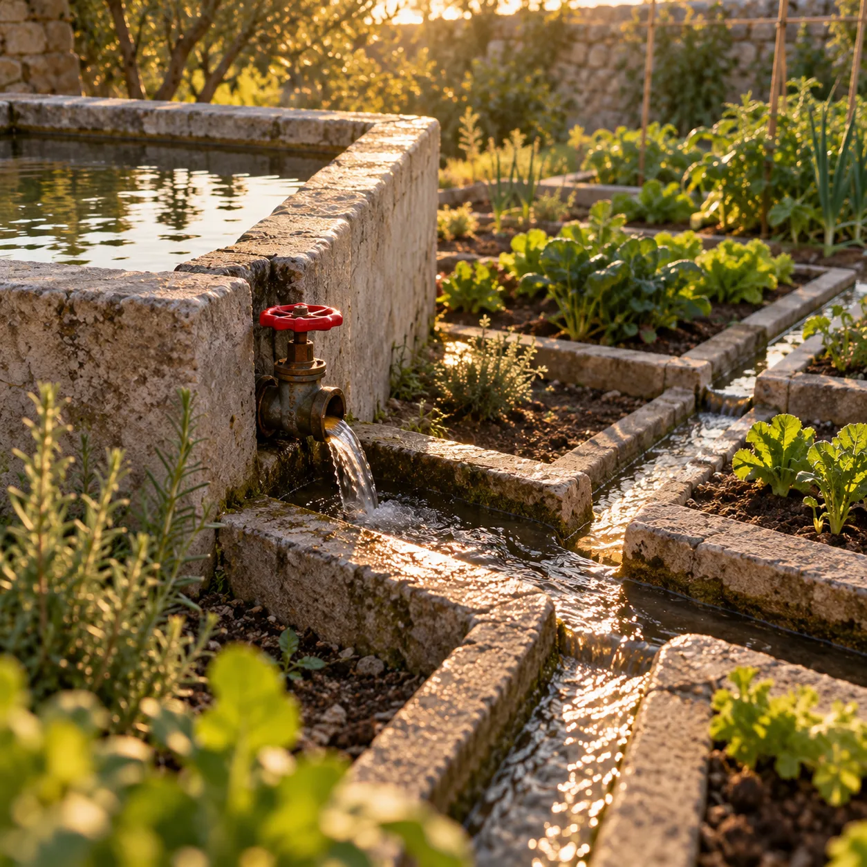 Un bassin de pierre dont la vanne rouge ouverte alimente des rigoles qui irriguent un potager, au soleil du soir.