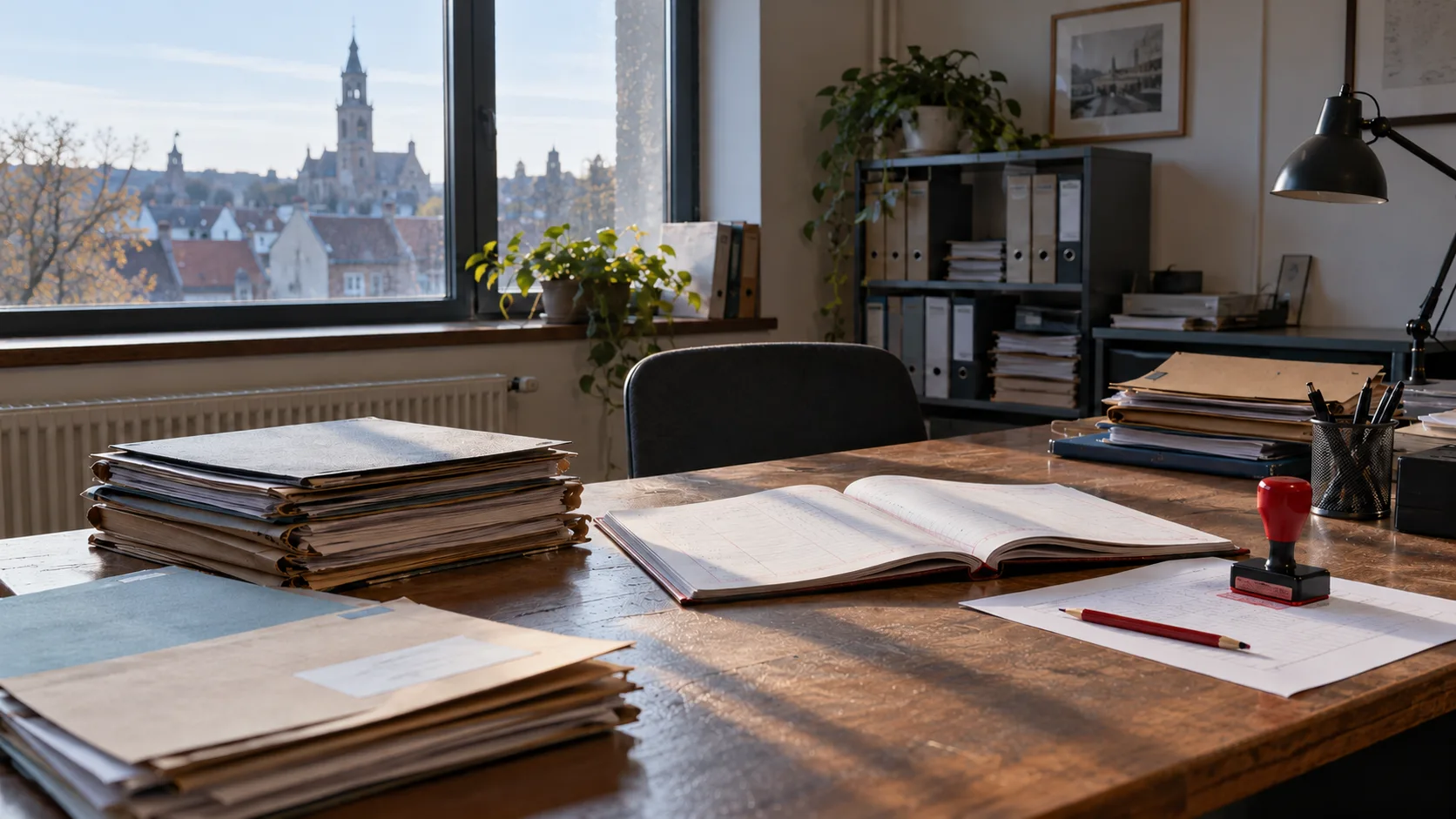 Un bureau au matin : la lumière de la fenêtre tombe sur des piles de dossiers et un registre ouvert.